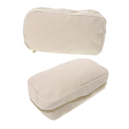WESIEVYA 2Stücke Kosmetiktasche Cord Tragbarer Make Up Behälter für Reisen Große Aufbewahrungstasche mit Reißverschluss für Damen Praktische Toilettentasche Cremeweiß von WESIEVYA