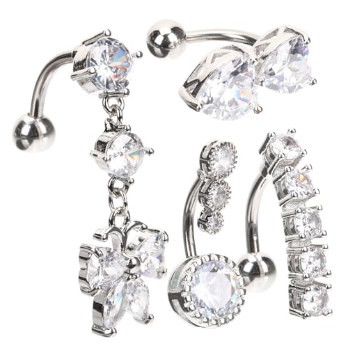 WESIEVYA 4 Stück Teiliges Bauchnabelpiercing aus Rostfreiem Edelstahl mit Zirkonia Glatter Oberfläche Leicht und Komfortabel Modischer Bauchnabelring für Frauen Einfach zu Tragen für Damen von WESIEVYA