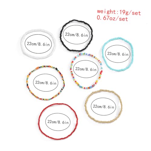 WESIEVYA 7 Stück Elastische Handgefertigte Perlen Fußkettchen Teiliges Bunte Einfache Einlagige Knöchelketten Modischer Schmuck für Damen und Mädchen Vielseitig Kombinierbar von WESIEVYA