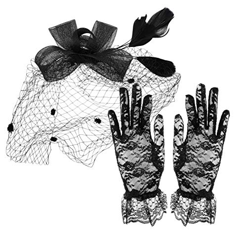 WESIEVYA Fascinator-hut mit Schleife Clip Spitzenhandschuhe Set Schwarz für Hochzeit Party Abend Alltag von WESIEVYA