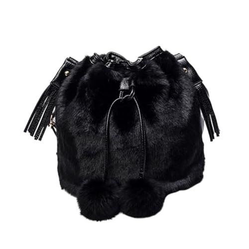 WESIEVYA Fluffy Schwarze Schultertasche Damen Modische Handtasche mit Kordelzug Vielseitige Umhängetasche für Alltag Shopping und Freizeit Weiches Material Geräumige Beuteltasche von WESIEVYA