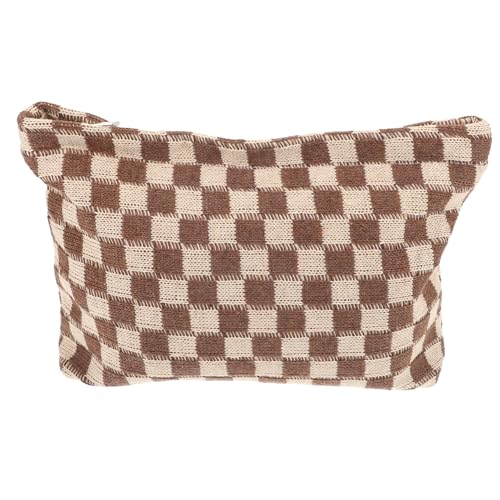 WESIEVYA Große Gestrickte Kosmetiktasche Damen mit Kariertem Muster Geräumig und Leicht Multifunktionale Make up Tasche für Reisen Tragbare Kulturtasche für Kosmetik und Toilettenartikel von WESIEVYA