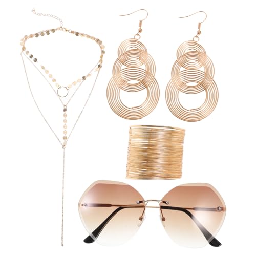 WESIEVYA Jahre Hippie Party Damen Sonnenbrille Layered Halskette Triple Swirl Ohrringe Metall Draht Spulen Armband Modischer Schmuck von WESIEVYA