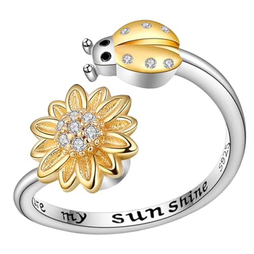 WESIEVYA Sonnenblumenring Marienkäfer Damen Schmuck Blumenring Offener Ring Verstellbarer Fingerring Für Frauen Mädchen von WESIEVYA