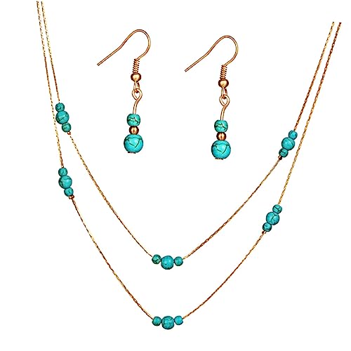 WESIEVYA Multilayer Türkis Schmuckset Damen Goldfarbenes Perlen Halsketten und Ohrstecker Set Modischer Runder Anhänger Eleganter Damenschmuck für Besondere Anlässe und Alltag von WESIEVYA