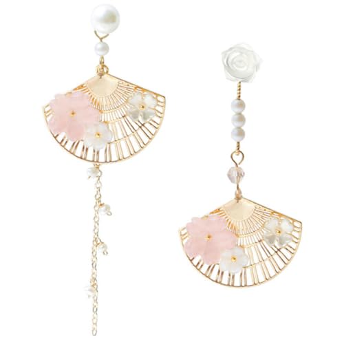 WESIEVYA Ohrhänger Damen Fan Form mit Perlen Lange Baumelohrringe Einzigartiges Blumen Design Zartes Schmuckstück für Alltag Hochzeit und von WESIEVYA