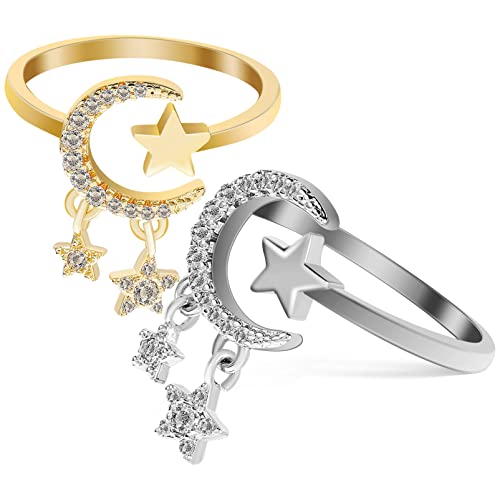 WESIEVYA 2 Stück Verstellbare Ringe Mit Stern-mond-design Schlichte Damenfingerringe Aus Metall Ohne Hautreizungen Für Alltag Und Feiertage von WESIEVYA
