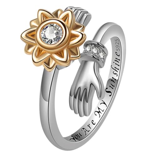 WESIEVYA Verstellbarer Offener Sonnenblumenring Damen Silber mit Drehbarem Design Modischer Statement Ring für Teen Mädchen Hautfreundlich und Vielseitig für Alltag und Party Geeignet von WESIEVYA