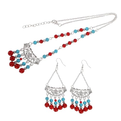 WESIEVYA Vintage Tribal Perlen Quaste Halskette Ohrringe Set Damen Ethno Schmuckset Vielseitig Als Hals Oder Kopfschmuck Für Kostüme Und Orient Stil von WESIEVYA