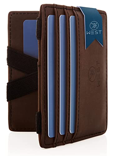 WEST® - Magic Wallet mit Münzfach + Geschenkverpackung - magische Geldbörse kompakt & klein - Trick Geldbörse - extra Starke Geldbänder - dünne Geldbörse mit Münzfach - RFID Schutz (Braun-Schwarz) von WEST