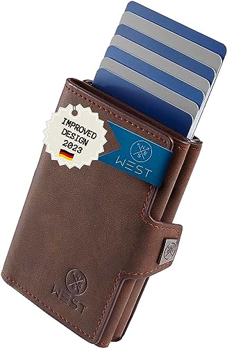 WEST® Slide Braun - Slim Wallet mit Münzfach für Herren - Geldbeutel Herren Klein für 9 Karten (6 + 3 innen) - Smart Wallet - Kreditkartenetui RFID Schutz - Kartenetui Herren mit Münzfach von WEST