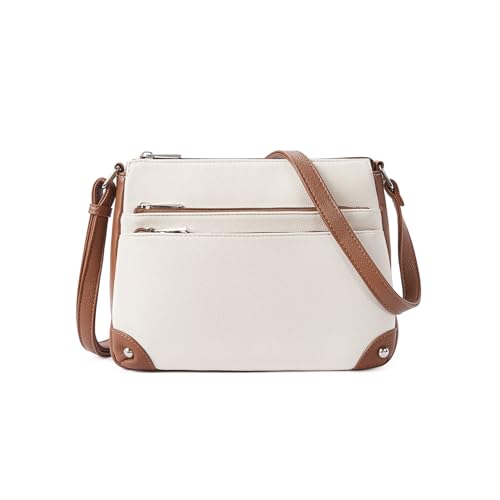 WESTBRONCO Crossbody-Taschen für Frauen, mittelgroße Schulterhandtaschen, Geldbörse mit mehreren Reißverschlussfächern, Beige mit Braun, Kleine Umhängetasche von WESTBRONCO