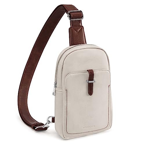 WESTBRONCO Sling Bag Crossbody Taschen für Frauen Trendy Vegan Leder Medium Fanny Packs Brusttasche, Braun und Beige von WESTBRONCO