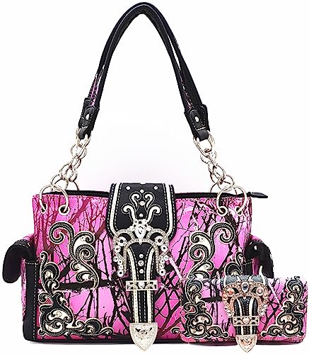 Camouflage Crown Buckle Western Style Geldbörse Floral Shine Glow Country Handtasche Frauen Schultertasche Crossbody Wallet Set, rose, Large von WESTERN ORIGIN