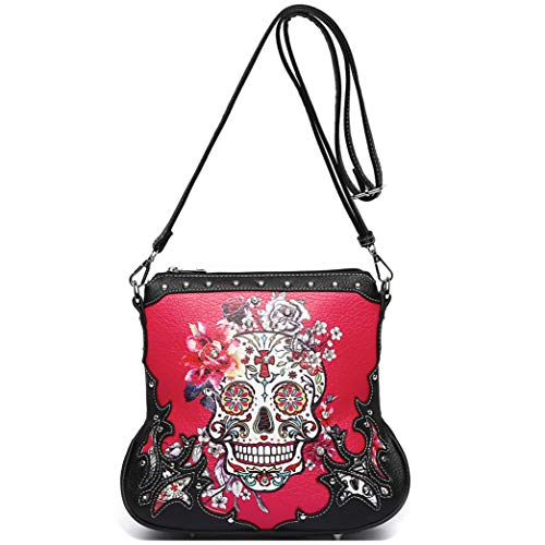 Sugar Skull Day of the Dead Cross Bone Rock Metallic Geldbörse Skelett Leder Geldbörse Damen Crossbody Handtasche Schultertasche, Fuchsia #2, Large, Damen Western Style Handtaschen mit Geldbörse Set von WESTERN ORIGIN