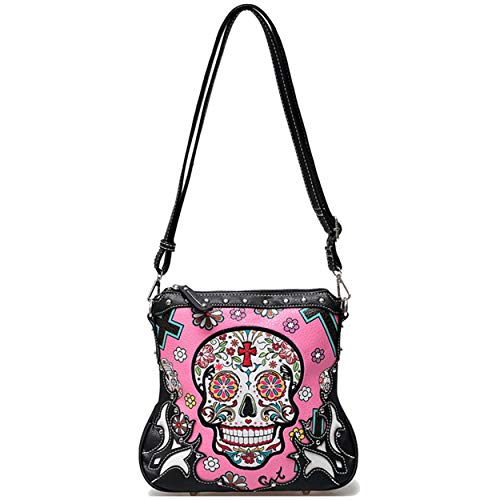Sugar Skull Day of the Dead Cross Bone Rock Metallic Geldbörse Skelett Leder Geldbörse Damen Crossbody Handtasche Schultertasche, Fuchsia#3, Large von WESTERN ORIGIN