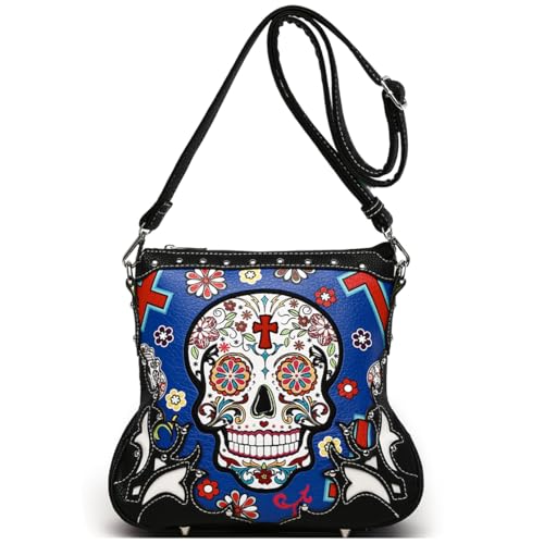 Sugar Skull Day of the Dead Cross Bone Rock Metallic Geldbörse Skelett Leder Geldbörse Damen Crossbody Handtasche Schultertasche, Königsblau, Large, Damen Western Style Handtaschen mit Geldbörse Set von WESTERN ORIGIN