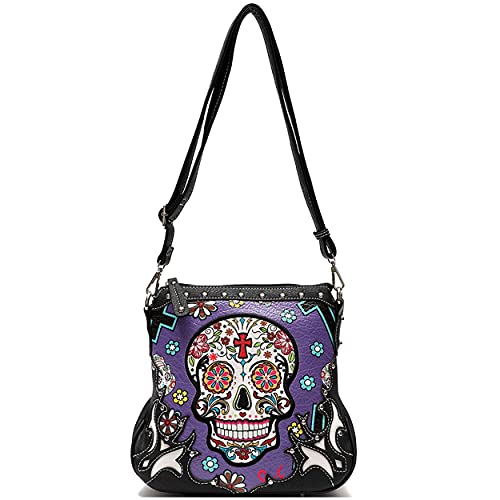 Sugar Skull Day of the Dead Cross Bone Rock Metallic Geldbörse Skelett Leder Geldbörse Damen Crossbody Handtasche Schultertasche, Lila #2, Large, Damen Western Style Handtaschen mit Geldbörse Set von WESTERN ORIGIN