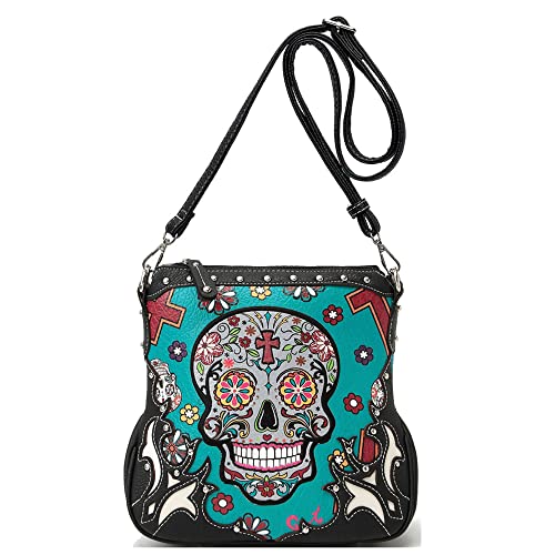Sugar Skull Day of the Dead Cross Bone Rock Metallic Geldbörse Skelett Leder Geldbörse Damen Crossbody Handtasche Schultertasche, Türkis/Ausflug, einfarbig (Getaway Solids), Large, Damen Western Style von WESTERN ORIGIN