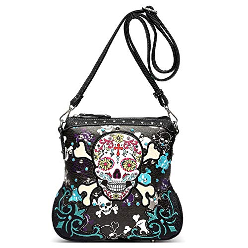 Sugar Skull Day of the Dead Cross Bone Rock Metallic Geldbörse Skelett Leder Geldbörse Frauen Crossbody Handtasche Umhängetasche, Schwarz, Large von WESTERN ORIGIN