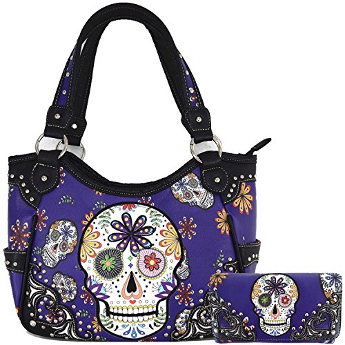 Sugar Skull Rose Heart Flower Day of the Dead Verdeckte Tragetasche Damen Handtasche Schultertasche Brieftasche Set, #4 Violett-Set, Large von WESTERN ORIGIN