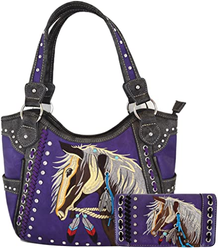 Tooled Leder Laser Cut Western Style Horse Cowgirl Geldbörse Country Totes Frauen Handtasche Alltag Schultertaschen Geldbörse Set, #2 violettes Set, Large von WESTERN ORIGIN