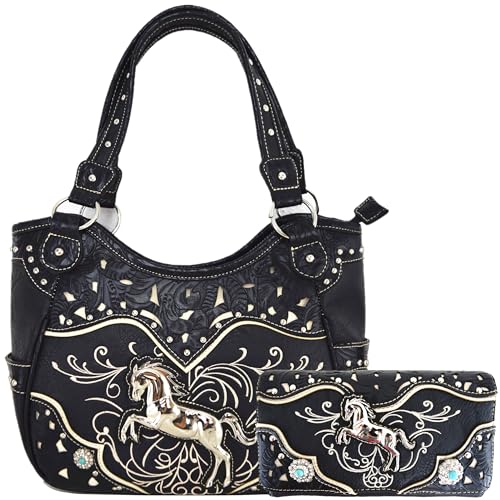 Tooled Leder Laserschnitt Western-Stil Pferd Cowgirl Geldbörse Country Totes Frauen Handtasche Alltag Schultertaschen Geldbörse Set, Schwarz, Large von WESTERN ORIGIN