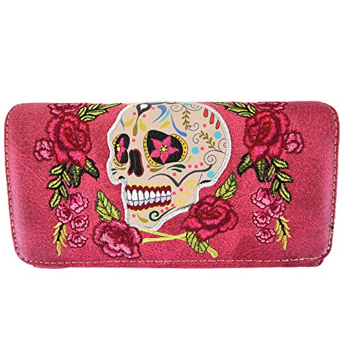 WESTERN ORIGIN Sugar Skull Tag der Toten Kreuz Knochen Nieten Punk Gothic Kunst Nieten Nieten Frauen Wristlet Trifold Geldbörse, #6 Fuchsia, Sugar Skull Day of the Dead Crossbone Nieten Punk Gothic von WESTERN ORIGIN