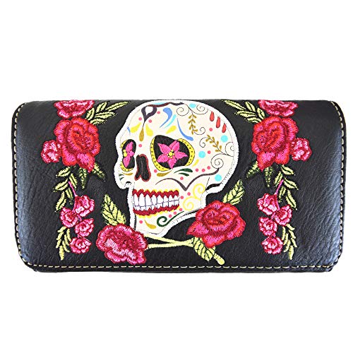 WESTERN ORIGIN Sugar Skull Tag der Toten Kreuz Knochen Nieten Punk Gothic Kunst Nieten Nieten Frauen Wristlet Trifold Geldbörse, #6 Schwarz, Sugar Skull Day of the Dead Crossbone Nieten Punk Gothic von WESTERN ORIGIN