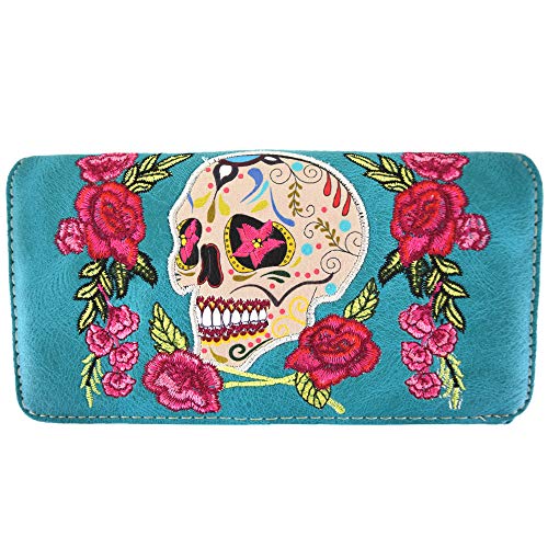 WESTERN ORIGIN Sugar Skull Tag der Toten Kreuz Knochen Nieten Punk Gothic Kunst Nieten Nieten Frauen Wristlet Trifold Geldbörse, #6 Türkis, Sugar Skull Day of the Dead Crossbone Nieten Punk Gothic von WESTERN ORIGIN