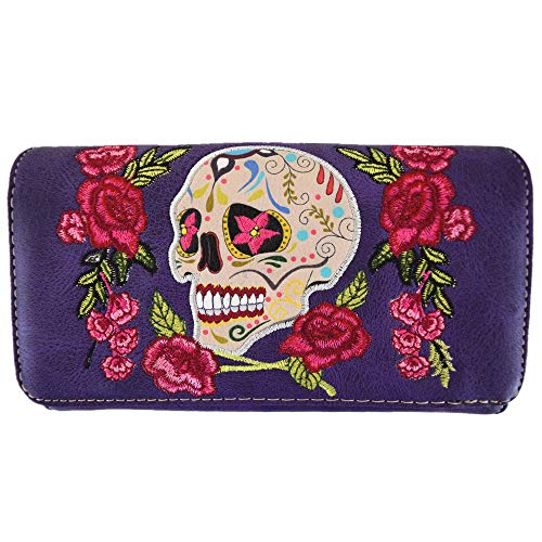 WESTERN ORIGIN Sugar Skull Tag der Toten Kreuz Knochen Nieten Punk Gothic Kunst Nieten Nieten Frauen Wristlet Trifold Geldbörse, #6 Violett, Sugar Skull Day of the Dead Crossbone Nieten Punk Gothic von WESTERN ORIGIN