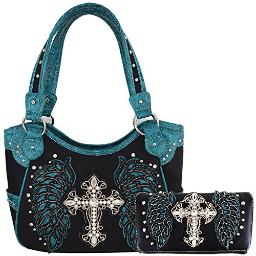 Western-Stil Kreuz Laser geschnittene Flügel Geldbörse versteckt tragen Handtaschen Frauen Country Schultertasche Brieftasche Set, (Schwarz/Türkis.), Large von WESTERN ORIGIN