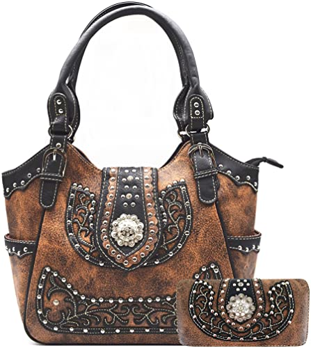 Western-Stil Strass Concho Verdeckte Tragetasche Country Handtasche Damen Schultertasche Wallet Set Braun von WESTERN ORIGIN