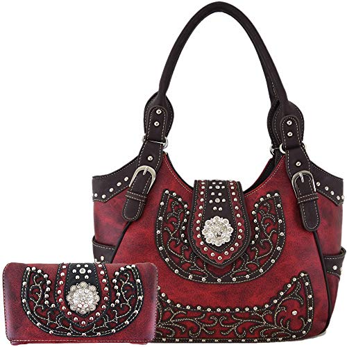 Western-Stil Strass Concho West versteckte Tragetasche Country Handtasche Damen Schultertasche Brieftasche Set, (#2 rotes Set), Large von WESTERN ORIGIN