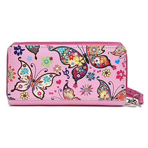 Western Style Damen Geldbörse mit Reißverschluss und doppeltem Reißverschluss mit abnehmbarem Handgelenkriemen Kartenbörse Clutch Continental Wallet, #9 Fuchsia, Cowgril Trendy Western Style Damen von WESTERN ORIGIN