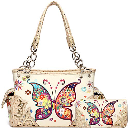 Western Style Frühling Schmetterling Blume Geldbörse Frauen Land Handtasche Strass Stud Umhängetasche Brieftasche Set, Set elfenbeinfarben, Large von WESTERN ORIGIN