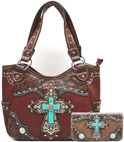 Western Style Strass Kreuz Nieten Laser Cut Flügel Tooled Leder Geldbörse Frauen Handtaschen Land Umhängetasche Brieftasche Set, #5 Brown Set, Large von WESTERN ORIGIN