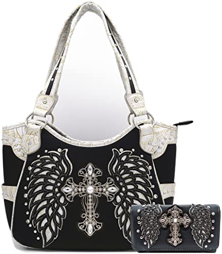 Western Style Strass Kreuz Nieten Laser Cut Flügel Tooled Leder Geldbörse Frauen Handtaschen Land Umhängetasche Brieftasche Set, Schwarz/Silber Set, Large von WESTERN ORIGIN