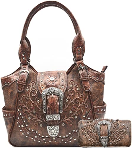 Western Style Tooled Leder Floral Damen Conceal Carry Purse Buckle Handtaschen Country Schultertaschen Geldbörse Set Braun, Braun, Large von WESTERN ORIGIN