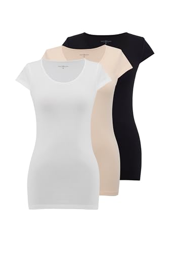 T Shirt Damen Atmungsaktiv Baumwolle 3er Pack Halbarm Unterhemd Basic Shirt Damen Schwarz, Weiß, Beige Tank Top - XXL von WESTMARK LONDON