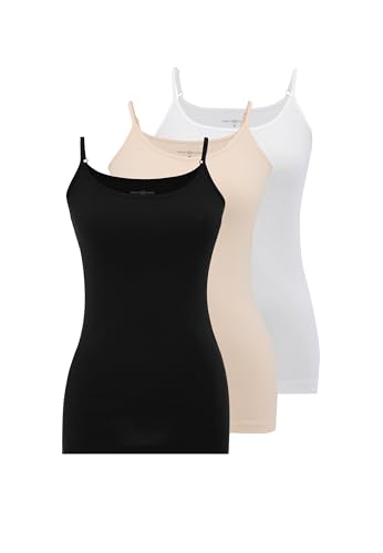 Unterhemden Damen Baumwolle Spaghetti Tops 3er Pack L Basic Tank Top Damen Schwarz, Weiß, Beige Feinripp mit Verstellbaren Trägern Camisole von WESTMARK LONDON