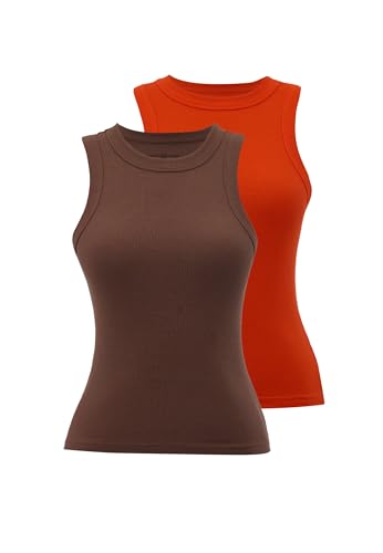 WESTMARK LONDON 2er Pack Tank Top Damen Rundhals Tank Tops Damen aus Baumwolle, Ärmellos mit Racerback, Bequem und Vielseitig, M - Orange, Braun von WESTMARK LONDON