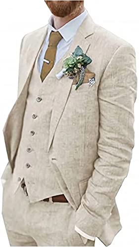 3 Stück Vintage Leinenanzüge, lässige Mode Slim Jacke Blazer + Weste + Hosen Smoking for Hochzeiten und Geschäft (Farbe : Beige, Größe : 60) von WETRIM