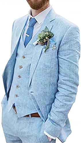 3 Stück Vintage Leinenanzüge, lässige Mode Slim Jacke Blazer + Weste + Hosen Smoking for Hochzeiten und Geschäft (Farbe : Blue, Größe : 50) von WETRIM