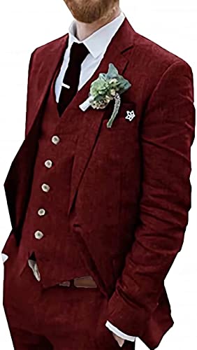 3 Stück Vintage Leinenanzüge, lässige Mode Slim Jacke Blazer + Weste + Hosen Smoking for Hochzeiten und Geschäft (Farbe : Burgund, Größe : 48) von WETRIM