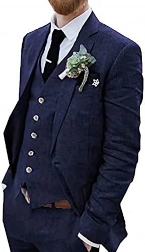 3 Stück Vintage Leinenanzüge, lässige Mode Slim Jacke Blazer + Weste + Hosen Smoking for Hochzeiten und Geschäft (Farbe : Marine, Größe : 44) von WETRIM