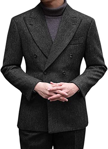 WETRIM Herrenanzüge, 2 -teilige Männer lässig Slim Fit Double Breasted Point Kragen Tweed Wolltuxedo Blazer + Hosen for Hochzeitsbräutigamparty (Farbe : Schwarz, Größe : 60) von WETRIM