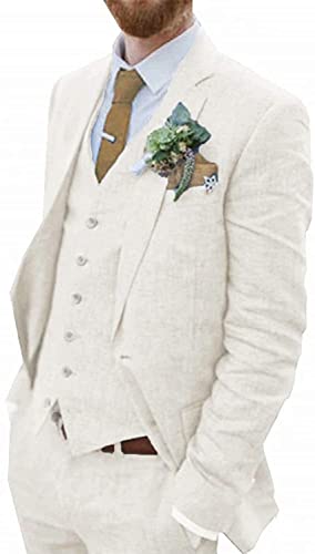 WETRIM Retro Blauer Leinenanzug for Männer Casual Hochzeitsanzug for Männer Seersucker Anzug Slim Fit 3 Stück Jacke Blazer Bräutigam Smoking (Farbe : Ivory-coloured, Größe : 54) von WETRIM