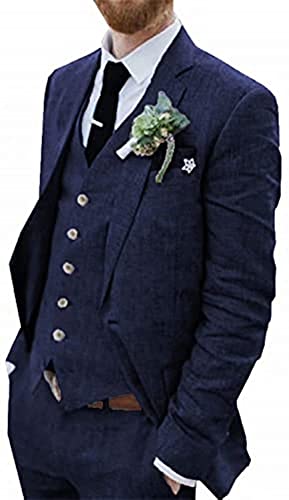 WETRIM Retro Blauer Leinenanzug for Männer Casual Hochzeitsanzug for Männer Seersucker Anzug Slim Fit 3 Stück Jacke Blazer Bräutigam Smoking (Farbe : Navy Blue, Größe : 58) von WETRIM