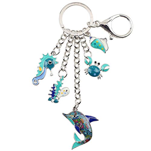 WEVENI Cute Delfin Schlüsselanhänger Seepferdchen Schlüsselring Krabbe Charms Muschel Schmuck für Damen Frauen Mädchen Ozean Geschenke (Blau) von WEVENI